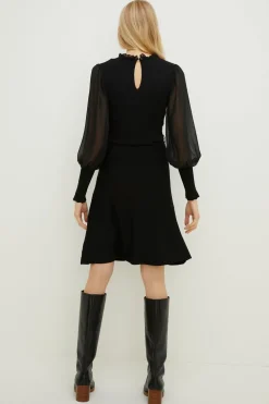 Outlet Oasis Belted Chiffon Blouson Sleeve Knitted Dress Black