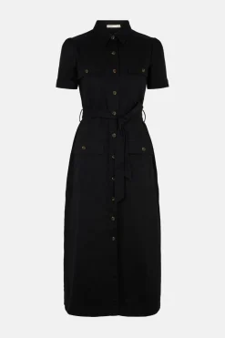 Online Oasis Belted Cotton Twill Midi Dress Black