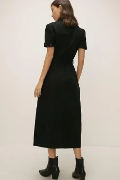 Online Oasis Belted Cotton Twill Midi Dress Black