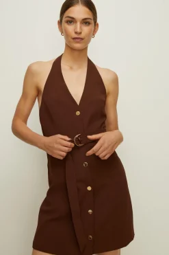 Online Oasis Belted Halter Button Through Mini Dress Brown