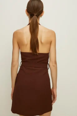 Online Oasis Belted Halter Button Through Mini Dress Brown