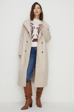 New Oasis Belted Top Stitch Funnel Neck Coat Oatmeal