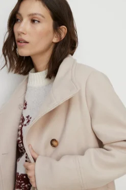 New Oasis Belted Top Stitch Funnel Neck Coat Oatmeal