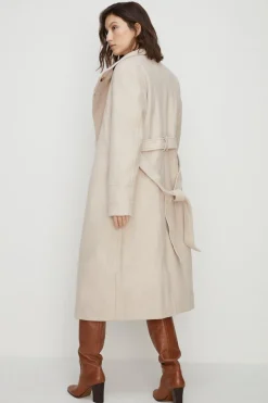 New Oasis Belted Top Stitch Funnel Neck Coat Oatmeal