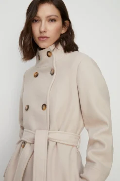 New Oasis Belted Top Stitch Funnel Neck Coat Oatmeal