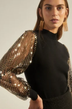 Fashion Oasis Blouson Sequin Sleeve Jumper Gold