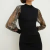 Sale Oasis Blouson Sequin Sleeve Knitted Mini Dress Silver