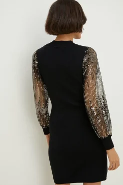 Sale Oasis Blouson Sequin Sleeve Knitted Mini Dress Silver