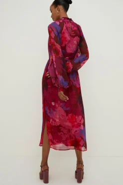 Best Oasis Blurred Floral Cut Out Chiffon Midi Dress Berry