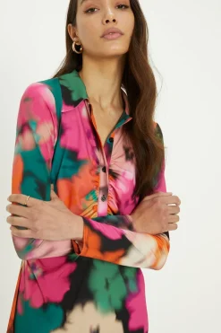 Best Oasis Blurred Floral Ruched Front Midi Shirt Dress Black