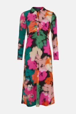 Best Oasis Blurred Floral Ruched Front Midi Shirt Dress Black