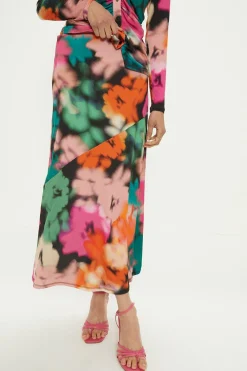 Fashion Oasis Blurred Floral Seam Detail Midi Skirt Black