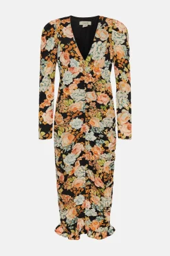 New Oasis Bold Floral All Over Ruched Midi Dress Black