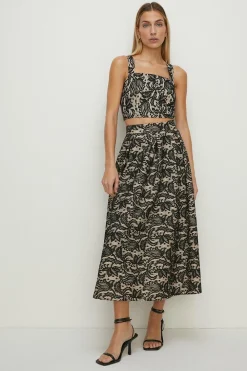 Clearance Oasis Bonded Lace Full Skirted Midi Skirt Black