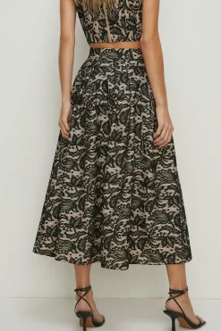 Clearance Oasis Bonded Lace Full Skirted Midi Skirt Black