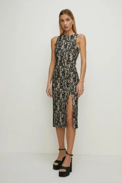 Clearance Oasis Bonded Lace Split Detail Midi Dress Black