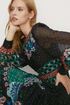 Fashion Oasis Border Floral Metallic Chiffon Midi Dress Black