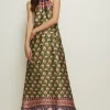 Clearance Oasis Border Placement Printed Halter Midi Dress Khaki