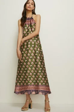 Clearance Oasis Border Placement Printed Halter Midi Dress Khaki