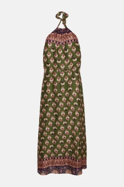 Clearance Oasis Border Placement Printed Halter Midi Dress Khaki