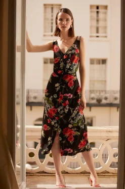 Outlet Oasis Bow Floral Printed Ruched Front Dress Black