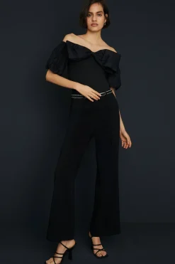 Hot Oasis Bow Organza Puff Sleeve Bodysuit Black
