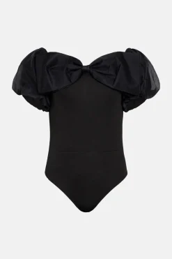 Hot Oasis Bow Organza Puff Sleeve Bodysuit Black