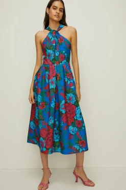 Outlet Oasis Bright Floral Knot Detail Scuba Midi Dress Blue