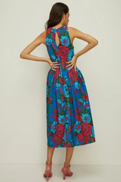 Outlet Oasis Bright Floral Knot Detail Scuba Midi Dress Blue