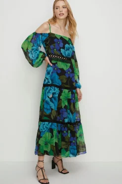 New Oasis Bright Floral Lace Cold Shoulder Maxi Dress Black