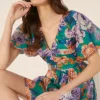 Best Oasis Bright Floral Organza Ruched V Skater Dress Bright Green