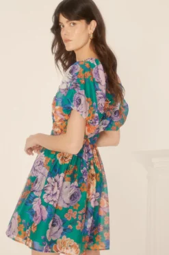 Best Oasis Bright Floral Organza Ruched V Skater Dress Bright Green