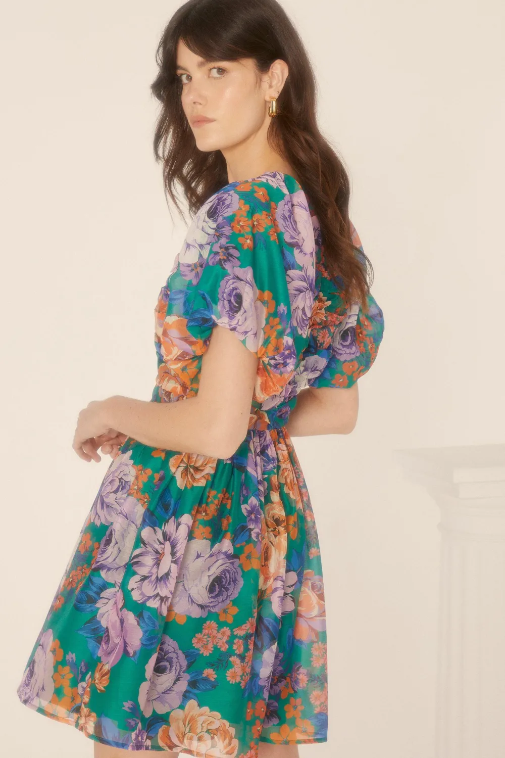 Best Oasis Bright Floral Organza Ruched V Skater Dress Bright Green