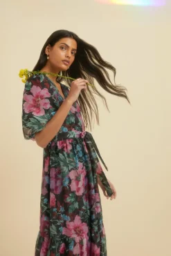 Fashion Oasis Bright Floral Organza Wrap Midi Dress Black