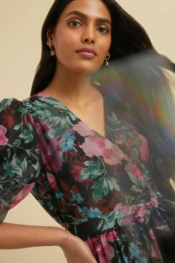 Fashion Oasis Bright Floral Organza Wrap Midi Dress Black