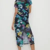 Fashion Oasis Bright Floral Ruched Mesh Midi Dress Black