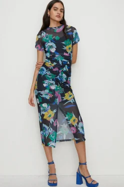 Fashion Oasis Bright Floral Ruched Mesh Midi Dress Black