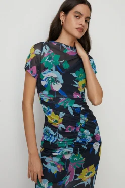 Fashion Oasis Bright Floral Ruched Mesh Midi Dress Black