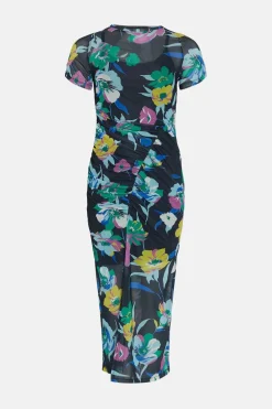 Fashion Oasis Bright Floral Ruched Mesh Midi Dress Black