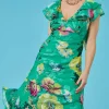 Clearance Oasis Bright Floral Satin Burnout Ruffle Midi Dress Bright Green