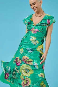 Clearance Oasis Bright Floral Satin Burnout Ruffle Midi Dress Bright Green