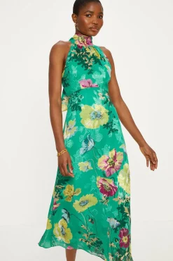 Best Oasis Bright Floral Satin Burnout Halter Midi Dress Bright Green