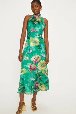 Best Oasis Bright Floral Satin Burnout Halter Midi Dress Bright Green