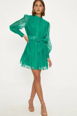 Sale Oasis Bright Organza Belted Mini Shirt Dress Bright Green