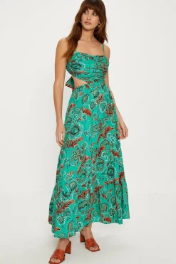 New Oasis Bright Paisley Poplin Ruched Midi Dress Bright Green