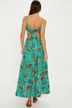 New Oasis Bright Paisley Poplin Ruched Midi Dress Bright Green