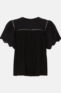 Discount Oasis Broderie Angel Sleeve T-Shirt Black