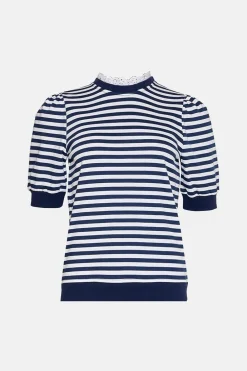 Outlet Oasis Broderie Collar Short Sleeve Stripe Sweatshirt Navy