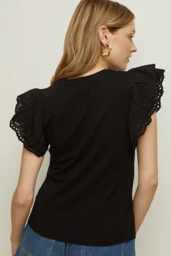 Discount Oasis Broderie Frill Sleeve T-Shirt Black