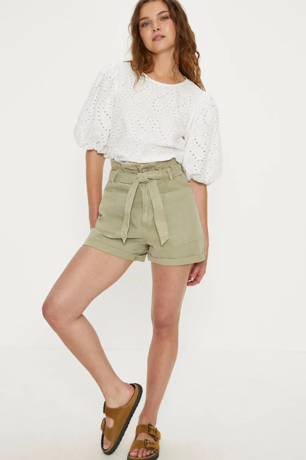 Clearance Oasis Broderie Puff Sleeve Top White
